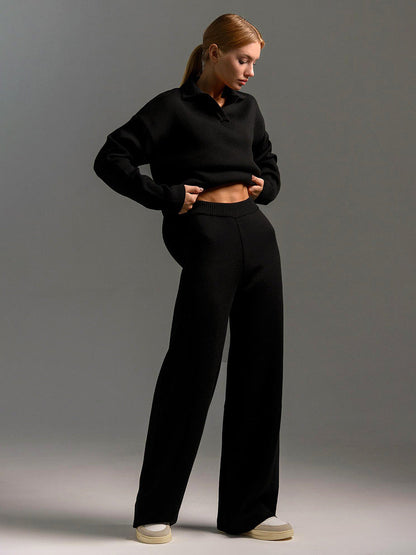 Loungewear Set Dames – Gebreid, Oversized Trui Met Kraag & Wijde Broek