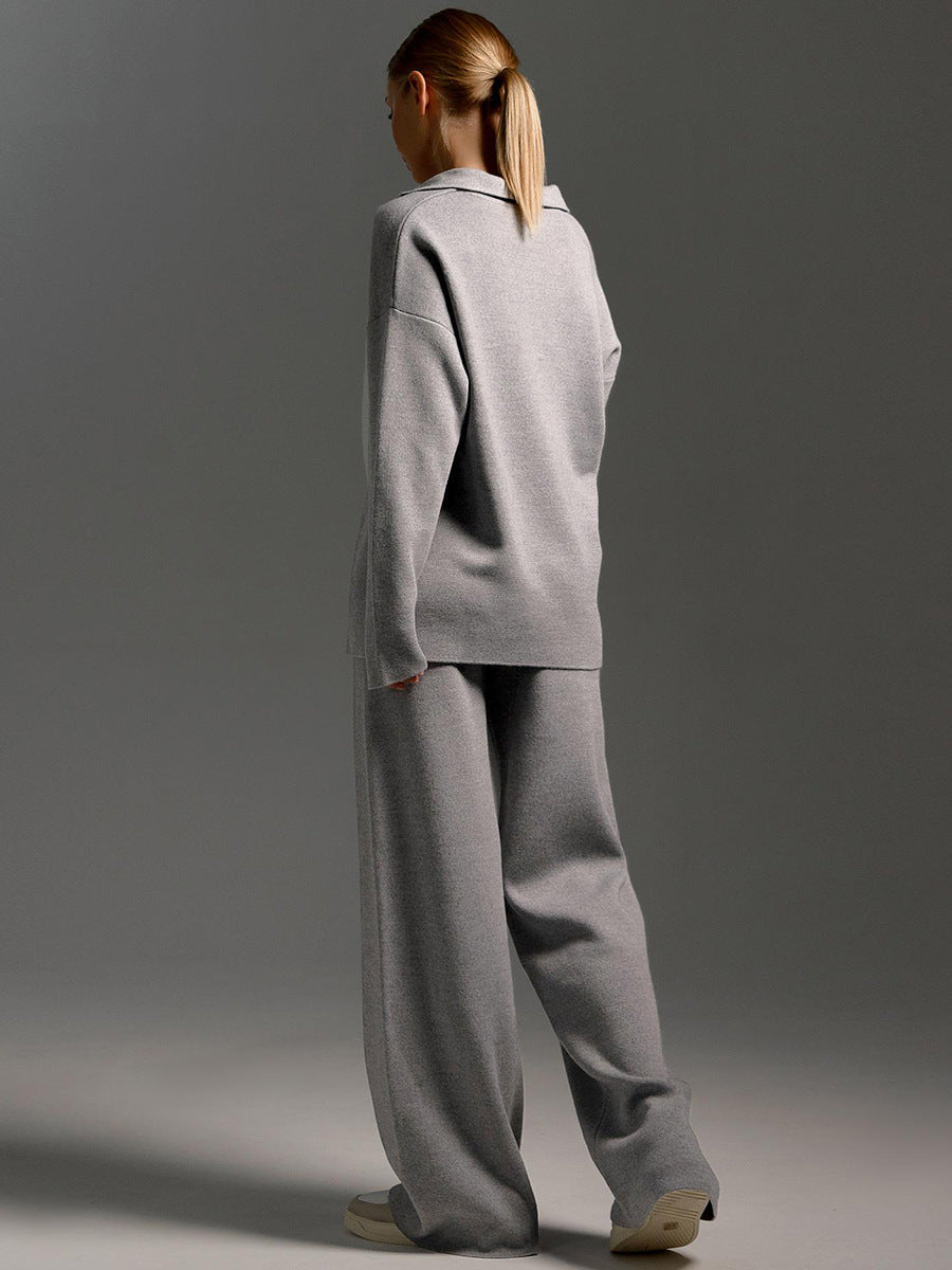 Loungewear Set Dames – Gebreid, Oversized Trui Met Kraag & Wijde Broek