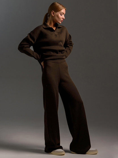 Loungewear Set Dames – Gebreid, Oversized Trui Met Kraag & Wijde Broek