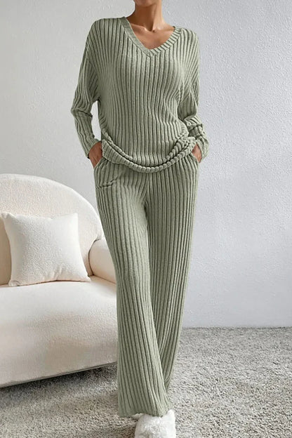 Dames Loungewear Set Ribgebreid – Comfortabele Top Met V-Hals & Wijde Broek