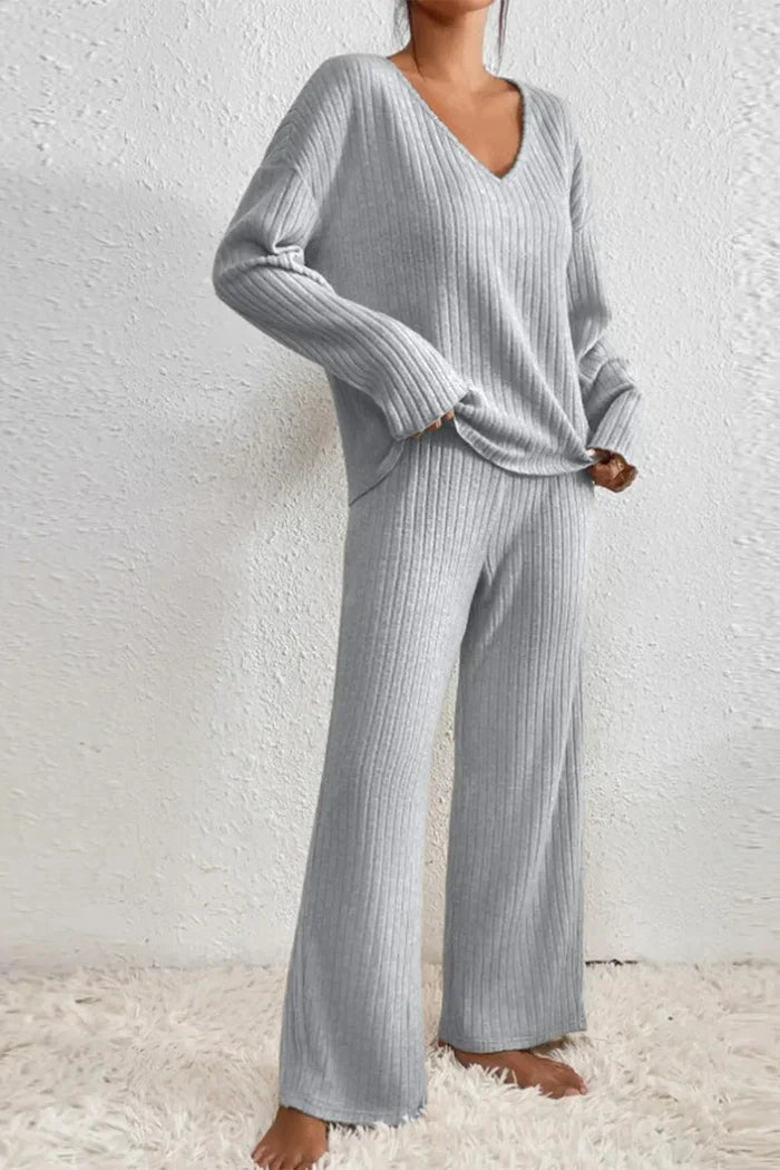 Dames Loungewear Set Ribgebreid – Comfortabele Top Met V-Hals & Wijde Broek