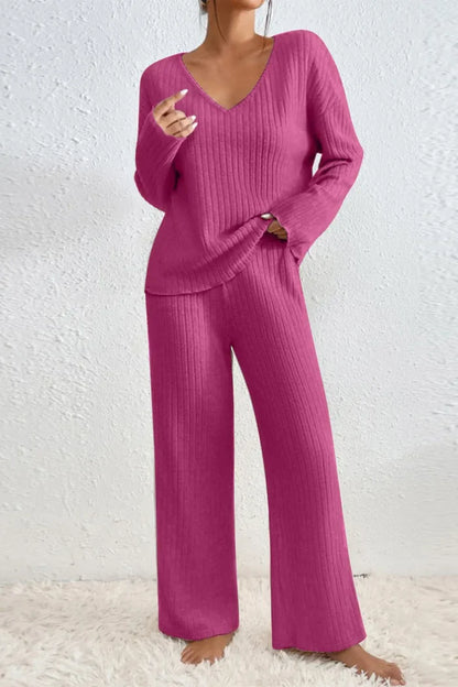 Dames Loungewear Set Ribgebreid – Comfortabele Top Met V-Hals & Wijde Broek
