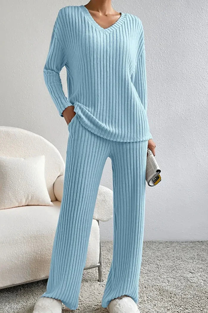 Dames Loungewear Set Ribgebreid – Comfortabele Top Met V-Hals & Wijde Broek