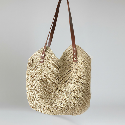 Geweven Strandtas - Ruime Shopper met Leren Hengsels