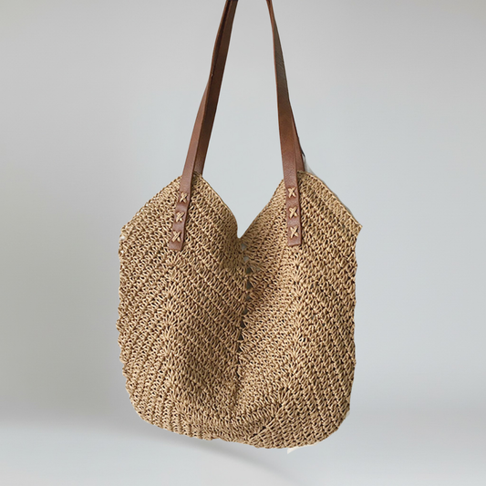Geweven Strandtas - Ruime Shopper met Leren Hengsels