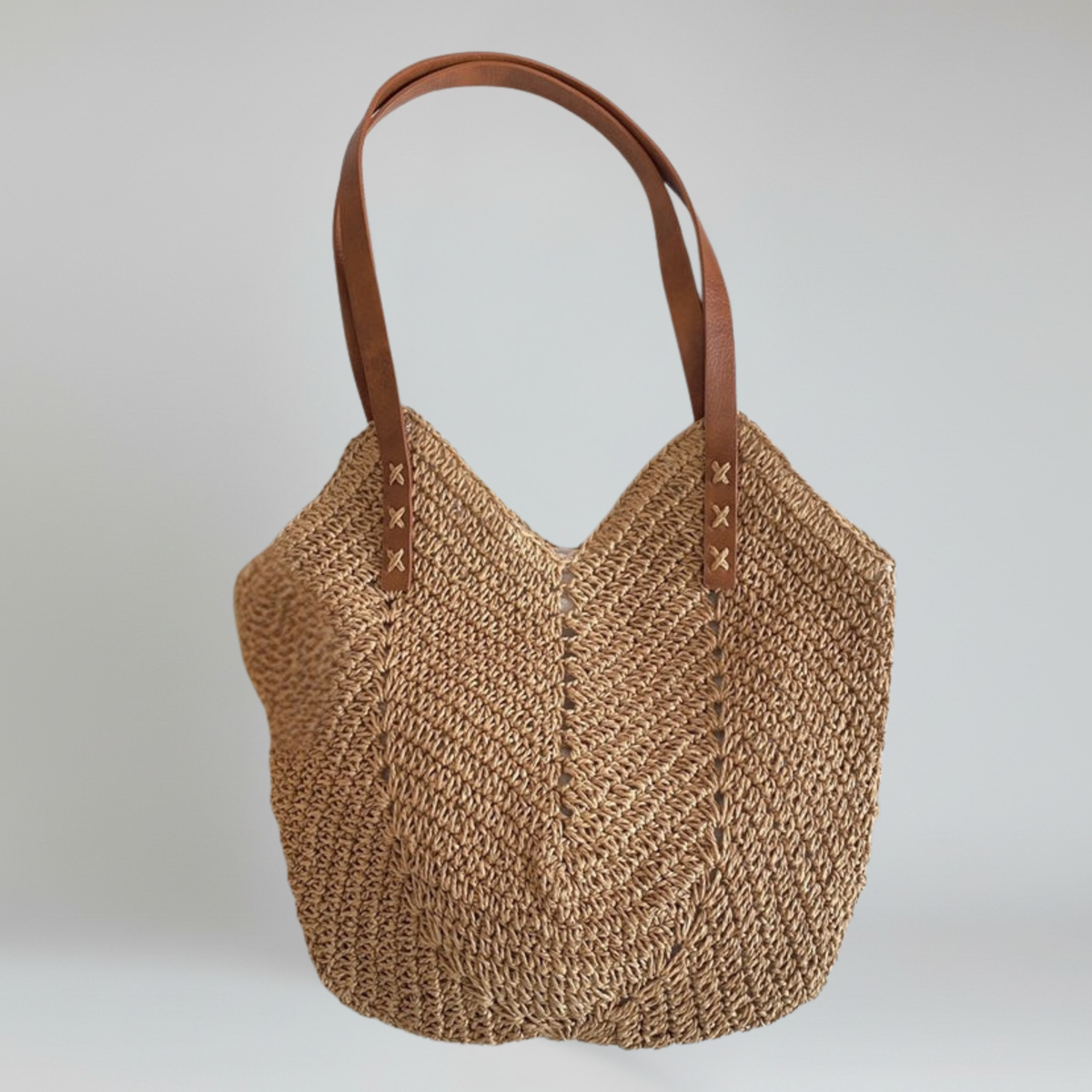 Geweven Strandtas - Ruime Shopper met Leren Hengsels