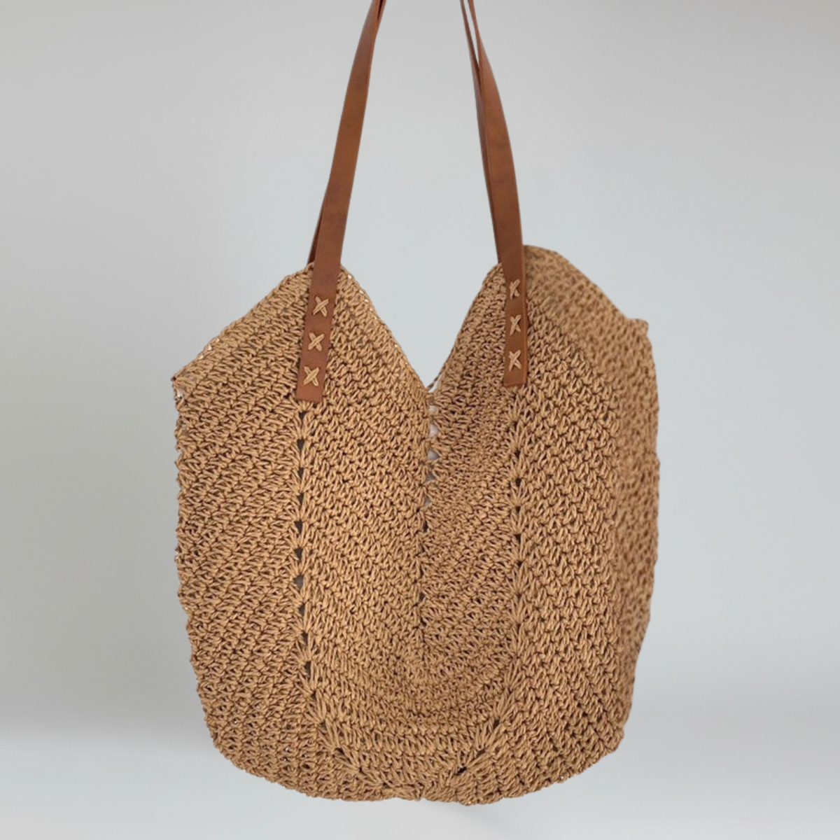 Geweven Strandtas - Ruime Shopper met Leren Hengsels