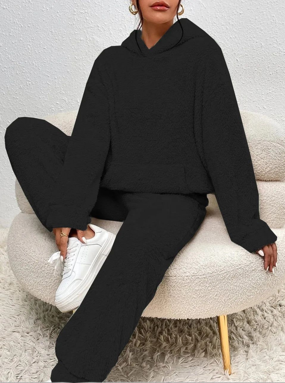 Dames Teddy Huispak met Capuchon - Warm Fleece Hoodie en Broek, 2-Delig