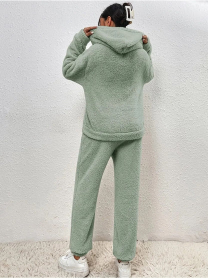Dames Teddy Huispak met Capuchon - Warm Fleece Hoodie en Broek, 2-Delig