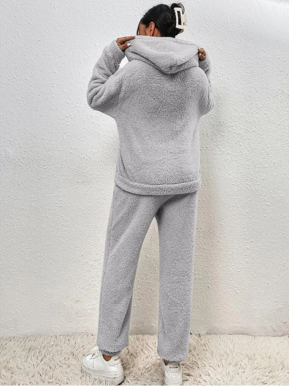 Dames Teddy Huispak met Capuchon - Warm Fleece Hoodie en Broek, 2-Delig
