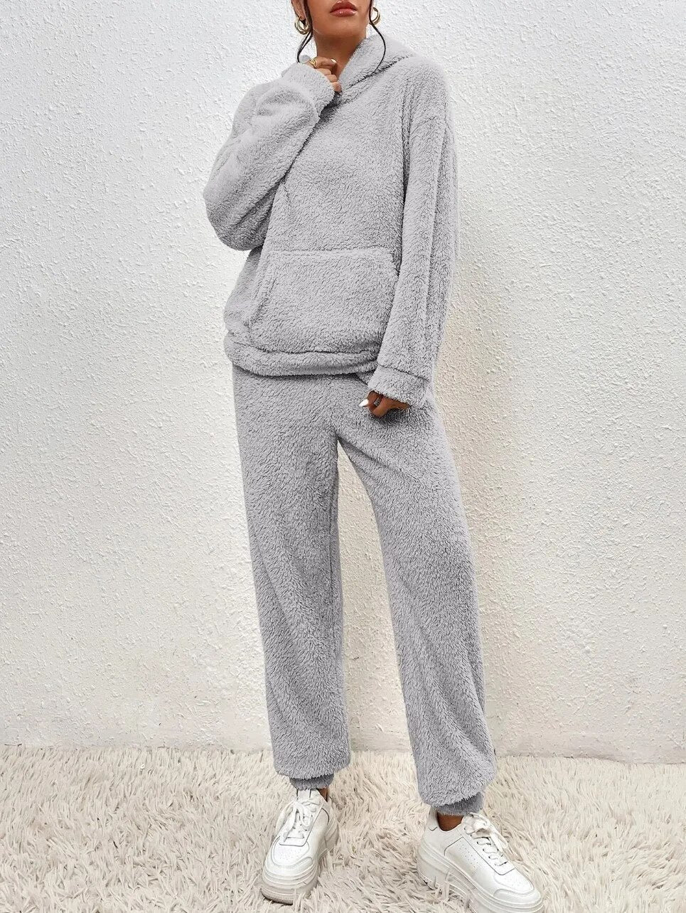 Dames Teddy Huispak met Capuchon - Warm Fleece Hoodie en Broek, 2-Delig