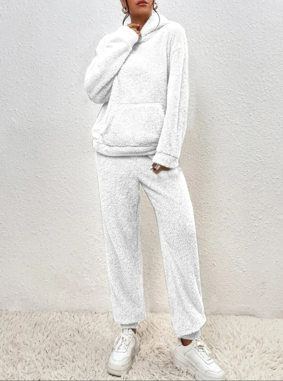 Dames Teddy Huispak met Capuchon - Warm Fleece Hoodie en Broek, 2-Delig