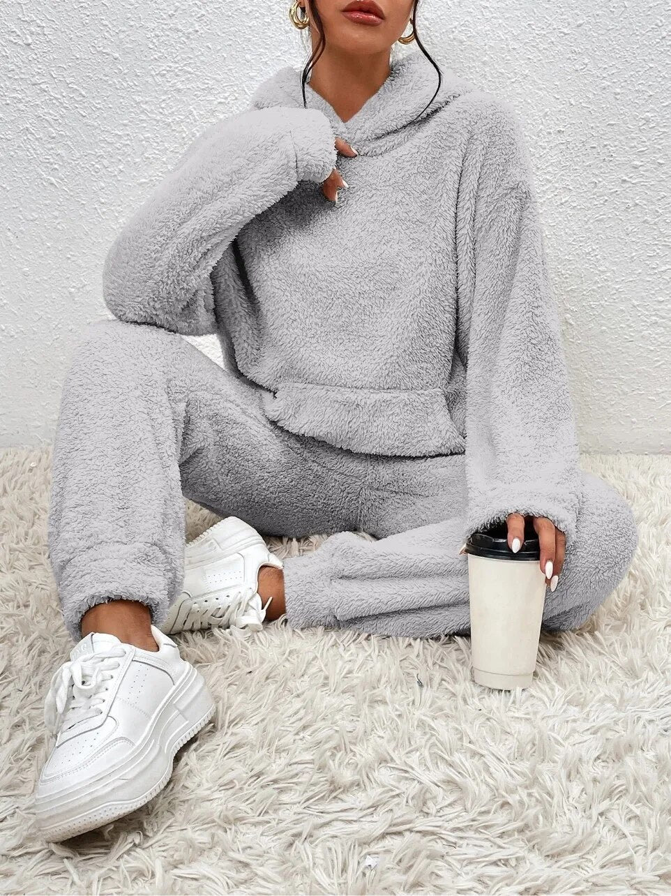 Dames Teddy Huispak met Capuchon - Warm Fleece Hoodie en Broek, 2-Delig