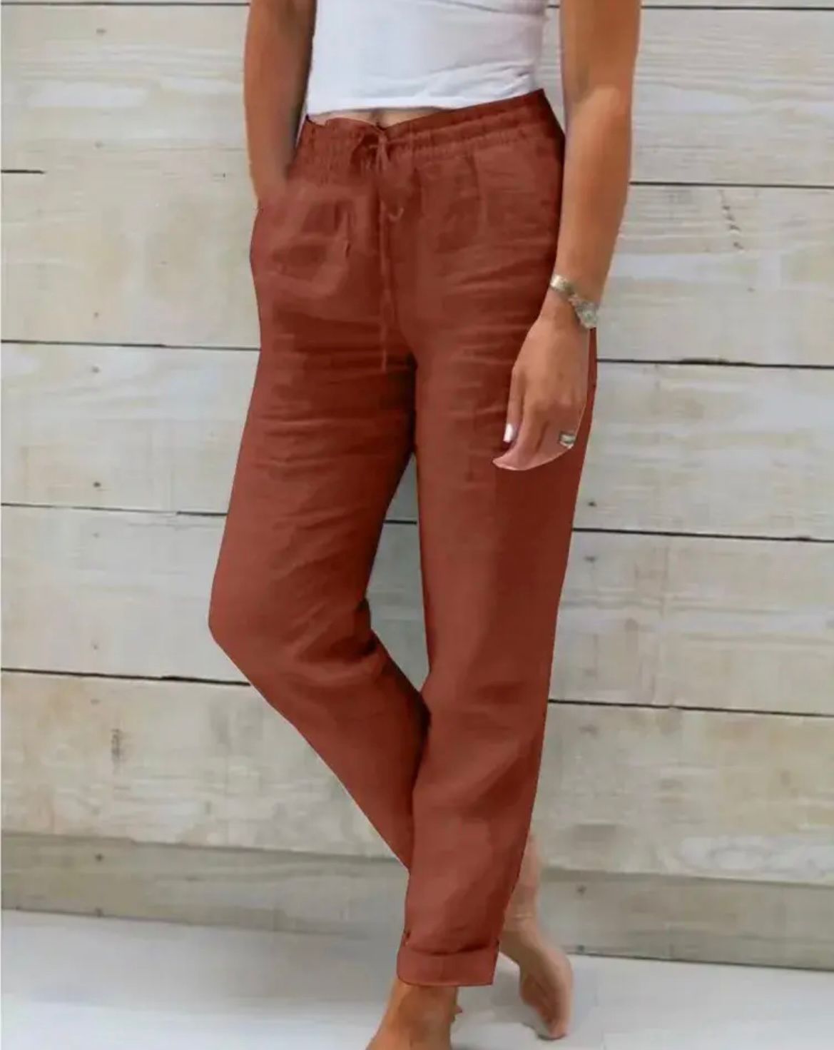 Dames Linnen Broek Hoge Taille Losse Pasvorm Elastisch & Comfortabel