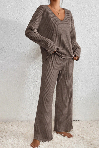 Dames Loungewear Set Ribgebreid – Comfortabele Top Met V-Hals & Wijde Broek
