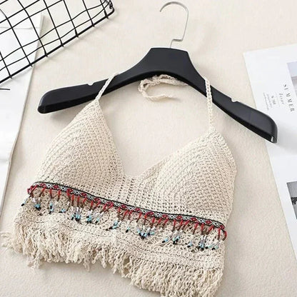 Gehaakte Bikinitop - Halter met Franjes en Diepe V-hals