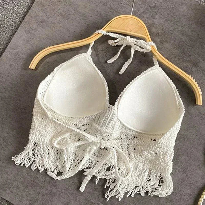 Gehaakte Bikinitop - Halter met Franjes en Diepe V-hals