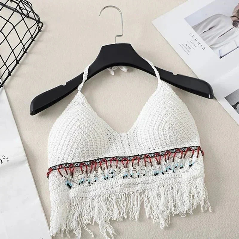 Gehaakte Bikinitop - Halter met Franjes en Diepe V-hals