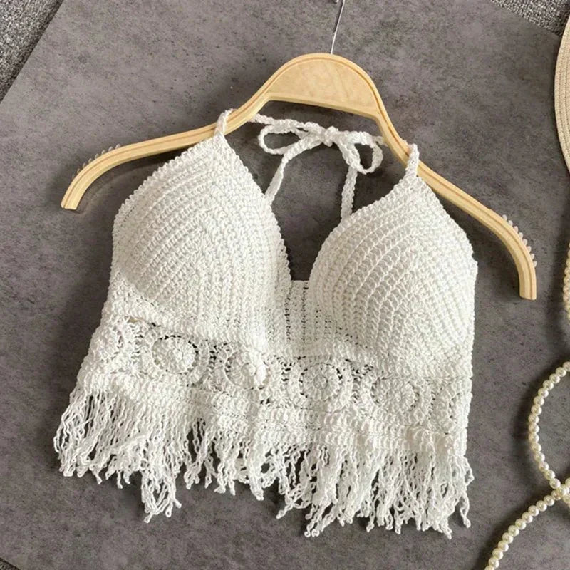 Gehaakte Bikinitop - Halter met Franjes en Diepe V-hals