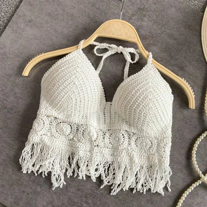 Gehaakte Bikinitop - Halter met Franjes en Diepe V-hals