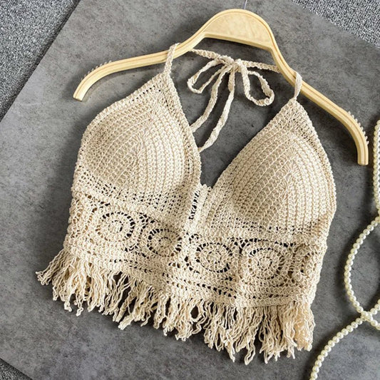 Gehaakte Bikinitop - Halter met Franjes en Diepe V-hals