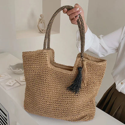 Geweven Strandtas - Ruime Shopper met Dubbele Hengsels