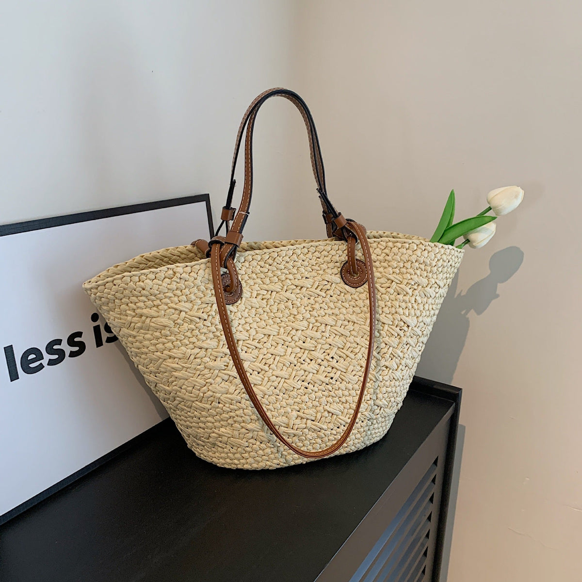 Strandtas van Stro - Geweven Shopper met Schouderband