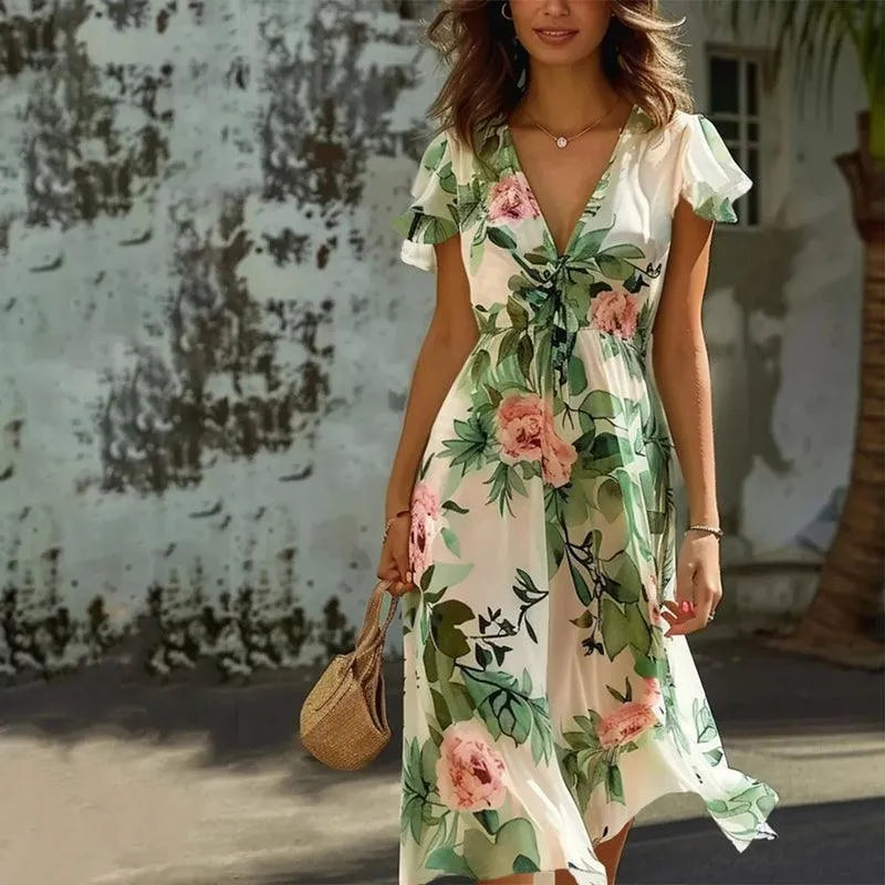 Lina – Bloemen Midi Jurk Dames Zomer Maxi Jurk Dames V-Hals Jurk Floral