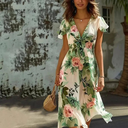 Lina – Bloemen Midi Jurk Dames Zomer Maxi Jurk Dames V-Hals Jurk Floral