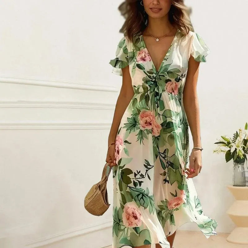 Lina – Bloemen Midi Jurk Dames Zomer Maxi Jurk Dames V-Hals Jurk Floral