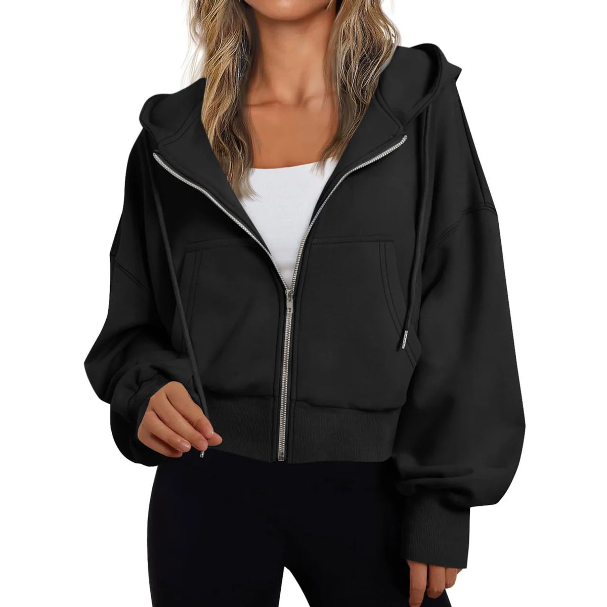 Dames Cropped Hoodie met Rits en Capuchon - Oversized Sweatvest met Steekzakken