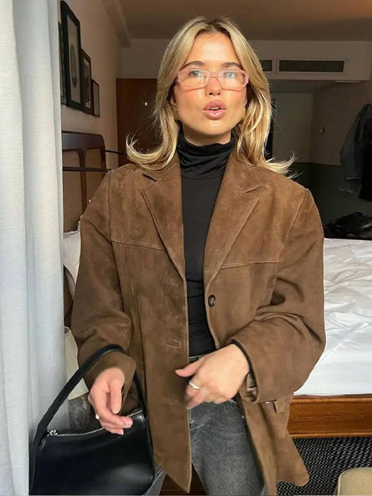 Dames Suède Look Jas Elegant Dames Jacket Getailleerde Jas