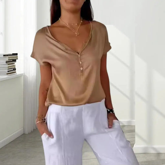 Dames V-Hals Top Losse Pasvorm Elegante Zomertop Comfortabel