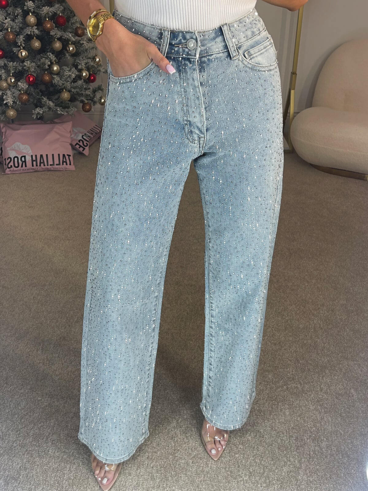 Luna – Jeans Dames Hoge Taille Glinsterend Comfort Slim Fit
