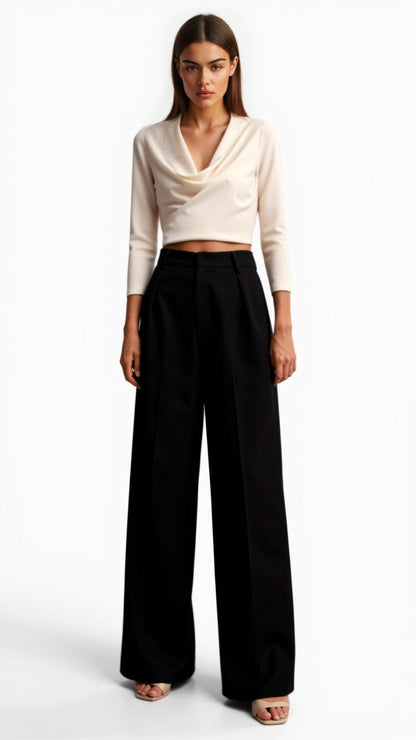 Dames Wide-Leg Pantalon – Hoge Taille Met Plooien en Zijzakken