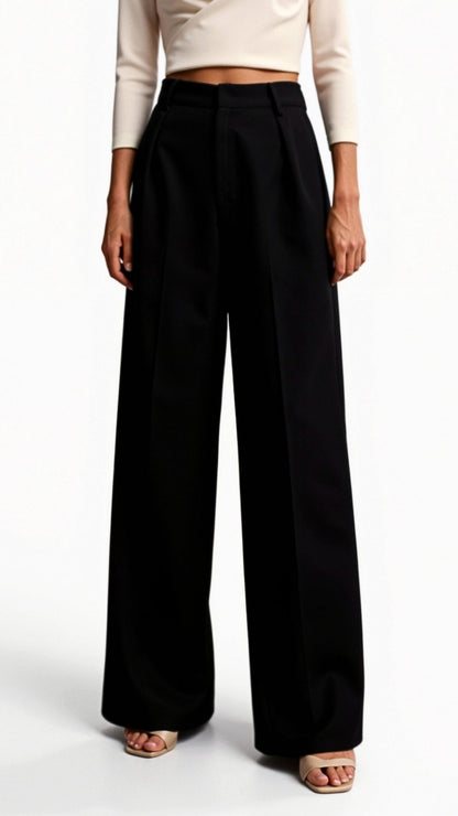 Dames Wide-Leg Pantalon – Hoge Taille Met Plooien en Zijzakken