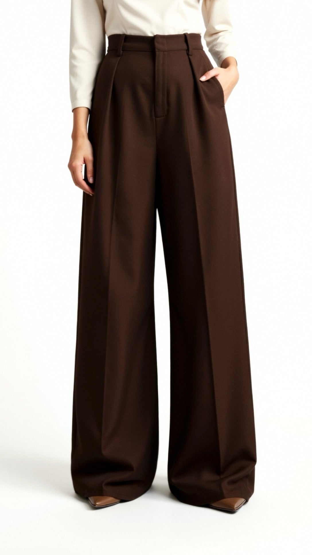 Dames Wide-Leg Pantalon – Hoge Taille Met Plooien en Zijzakken