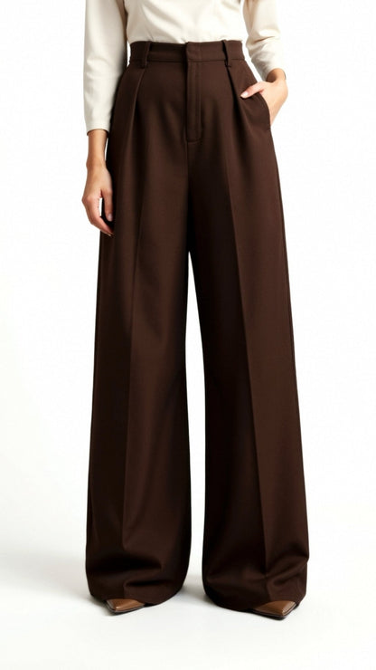Dames Wide-Leg Pantalon – Hoge Taille Met Plooien en Zijzakken