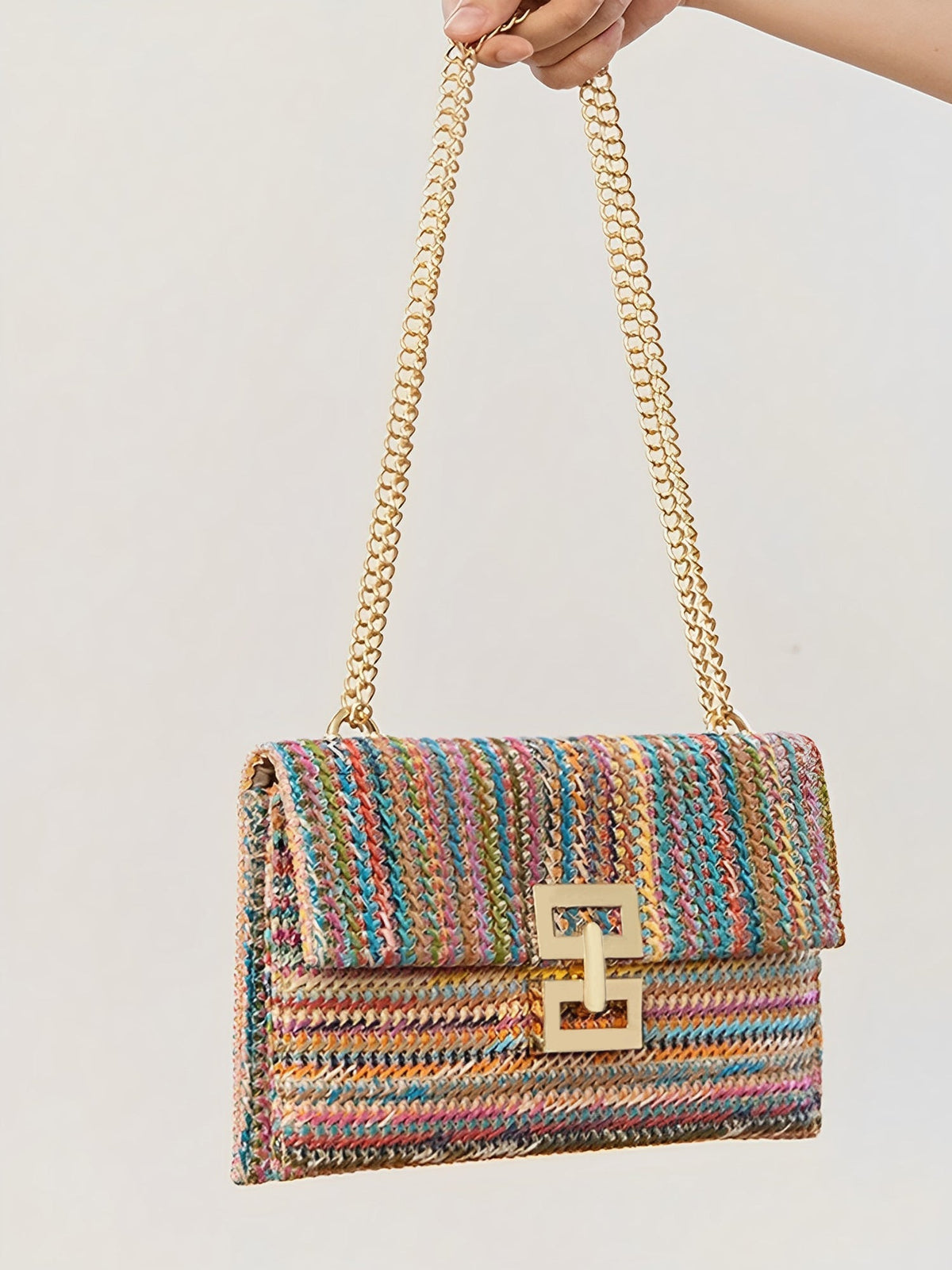 Geweven Schoudertas - Goudkleurige Ketting met Draaislot