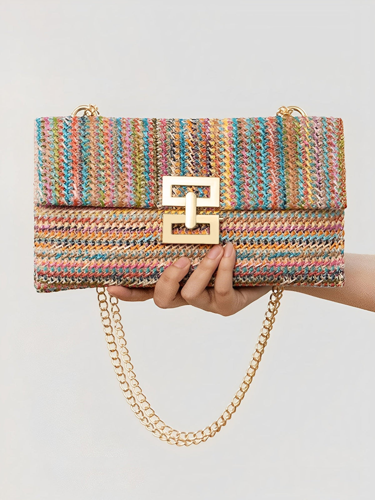 Geweven Schoudertas - Goudkleurige Ketting met Draaislot