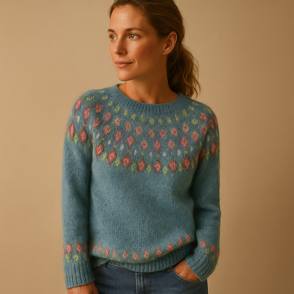 Dames Noorse Trui met Fair Isle Motief - Wolmix Gebreid, Ronde Hals