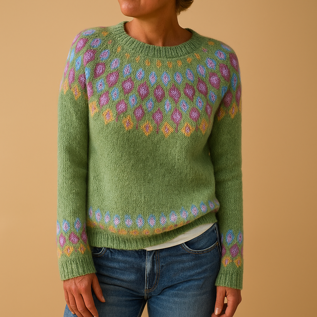 Dames Noorse Trui met Fair Isle Motief - Wolmix Gebreid, Ronde Hals