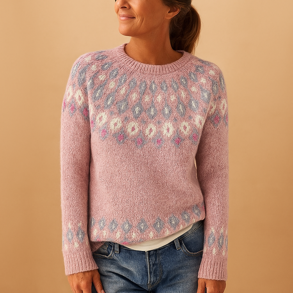 Dames Noorse Trui met Fair Isle Motief - Wolmix Gebreid, Ronde Hals