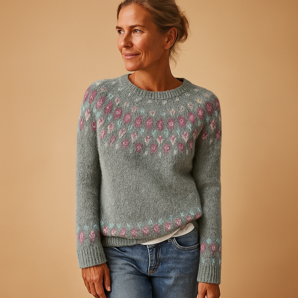 Dames Noorse Trui met Fair Isle Motief - Wolmix Gebreid, Ronde Hals