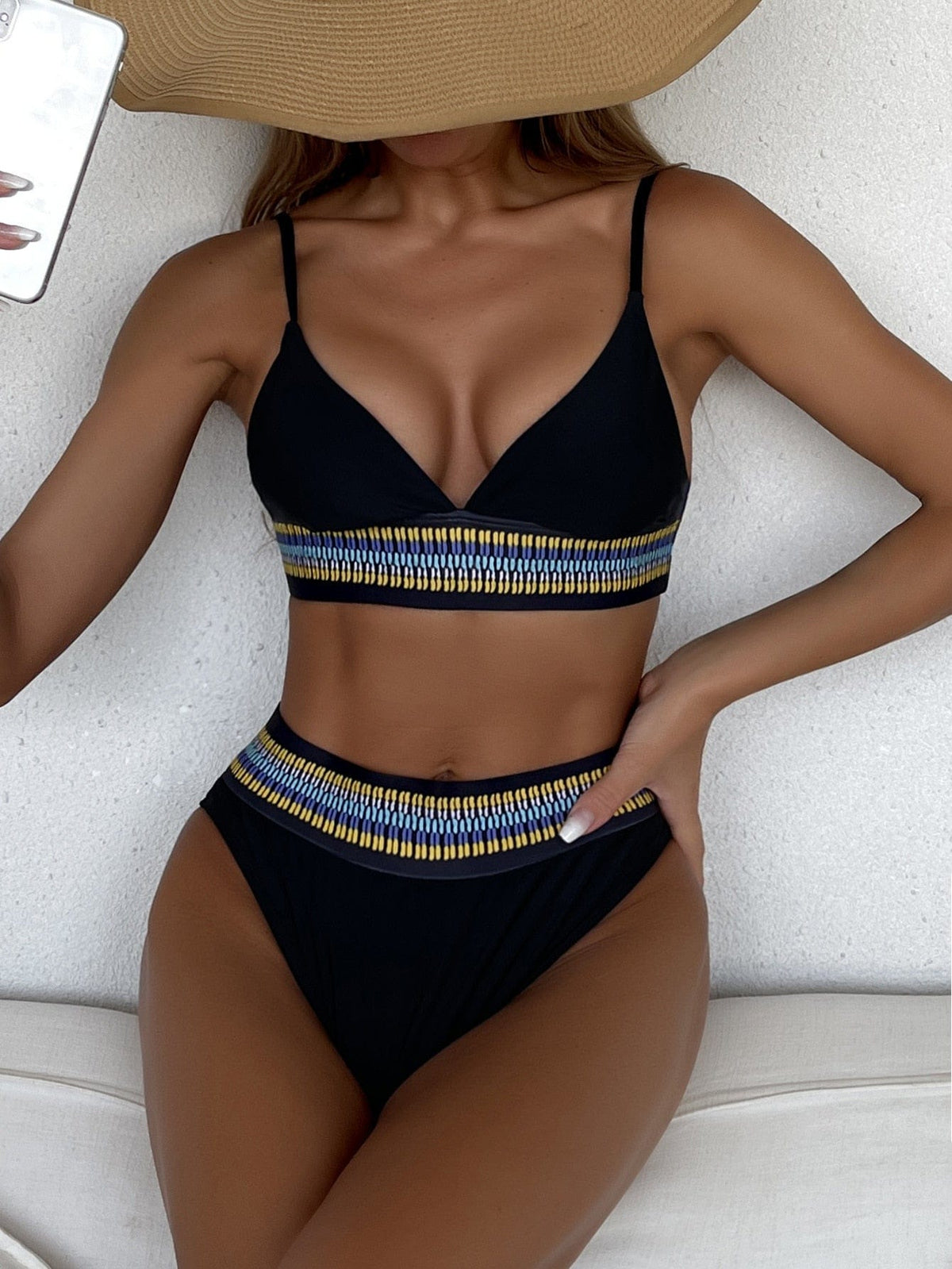 Zwarte Ibiza Bikini - Hoge Taille met Sierband